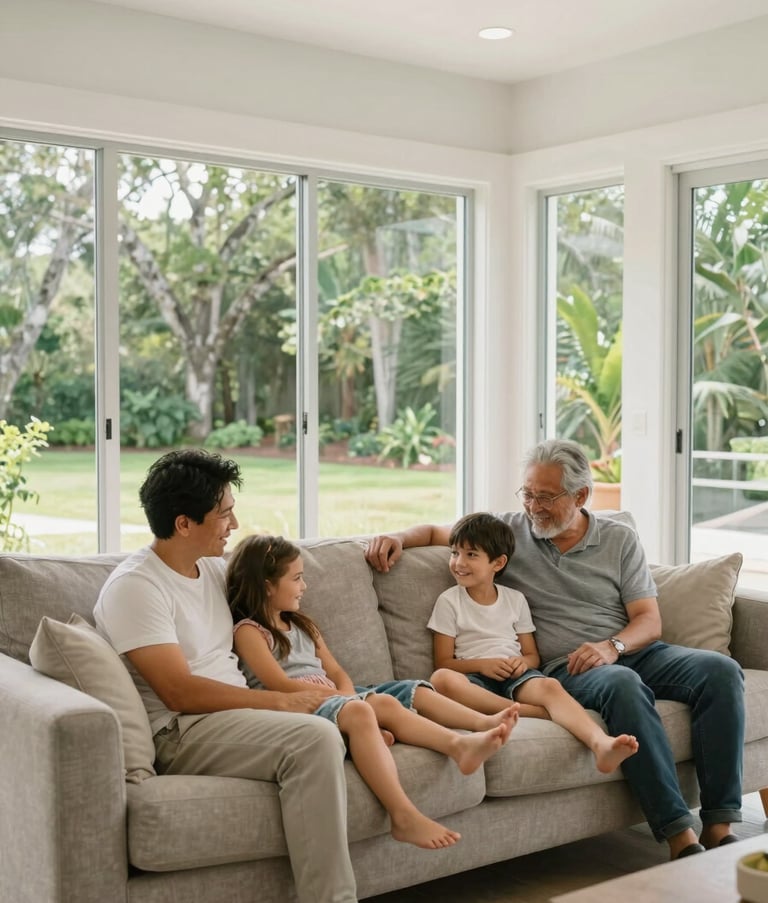 A happy family relaxing on a couch in a bright, healthy, and mold-free North American / Floridian home, large windows showing a lush green Orlando landscape, clean and modern interior design.