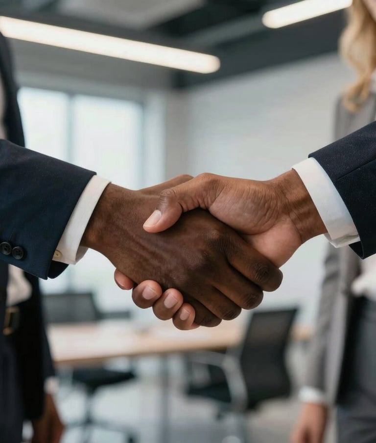 A close-up shot of a firm handshake between a black professional and a blonde professional, symbolizing cooperation and diversity. Both are wearing professional business attire in a modern, high-tech office setting in Europeu do Norte / Escandinavo / Russo.