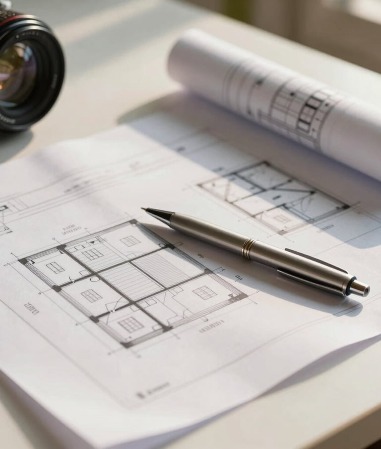 A close-up high-resolution photo of professional architectural drawings and blueprints spread across a clean white desk with a silver drafting pen, illuminated by warm Caribbean morning light.