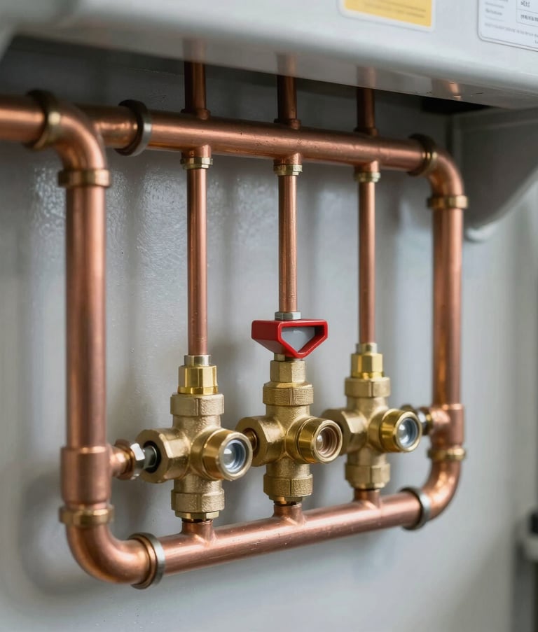 Detailed close-up of professional plumbing work in a mechanical room in Grand Est, showing perfectly aligned copper pipes and brass valves against a clean light gray wall, sharp focus, industrial professional style.