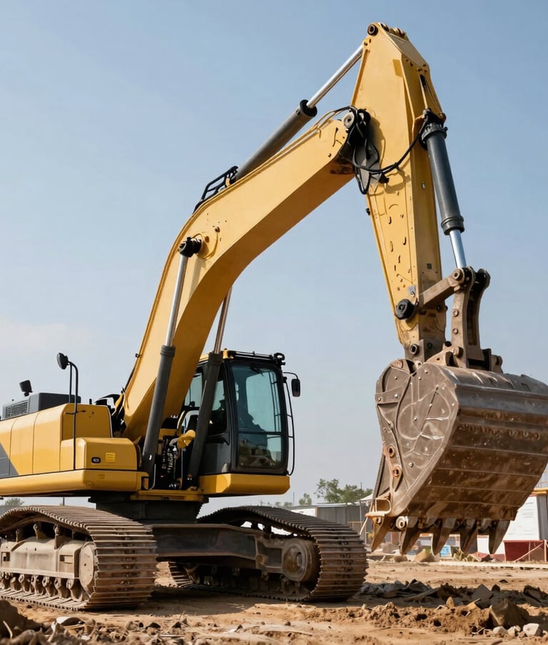 A massive modern excavator working on a North American construction site, low angle shot to emphasize scale and power, bright clear sky, high-quality professional photography showing industrial efficiency.