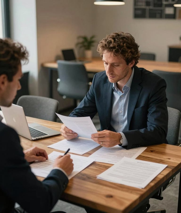 A collaborative meeting between two business partners in a sleek coworking space in Barcelona, reviewing documents on a wooden table, warm natural light, Iberian Peninsula.