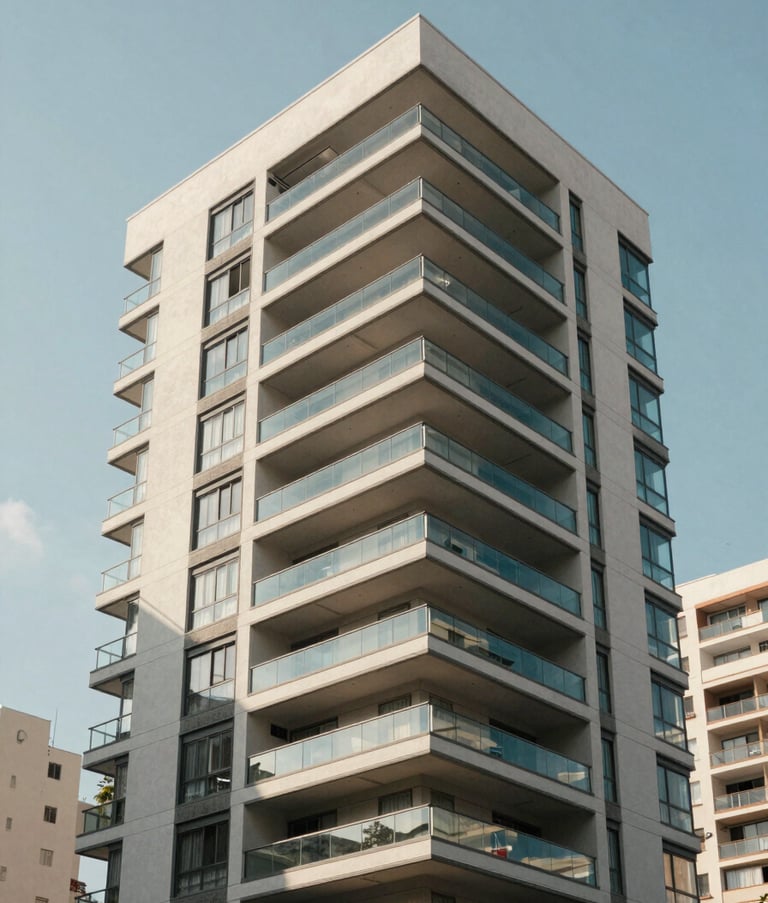 A professional architectural photograph of a modern residential building in a Brazilian metropolitan area. The structure has glass balconies reflecting a clear sky. Daytime lighting, high contrast, capturing a sense of reliable property management.