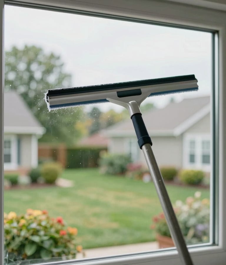 A close-up photograph of a professional window cleaning squeegee smoothly gliding across a large pane of glass on a beautiful North American suburban home, revealing a vibrant, lush garden through the pristine transparency.
