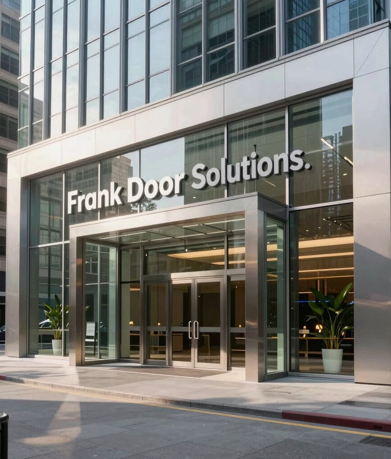 A wide-angle photography shot of a sleek, modern glass and steel commercial entrance in a North American / US city center, bright afternoon lighting, showcasing a professional large-scale installation by Frank Door Solutions.