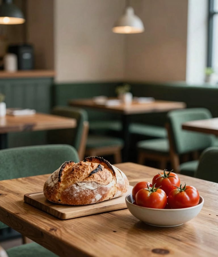 A cozy Scandinavian-style restaurant interior in Europe with rustic wooden tables, forest green cushions, and warm, soft lighting. On the table sits a freshly baked loaf of sourdough bread and a bowl of deep ripe crimson tomatoes. The atmosphere is inviting and earthy.