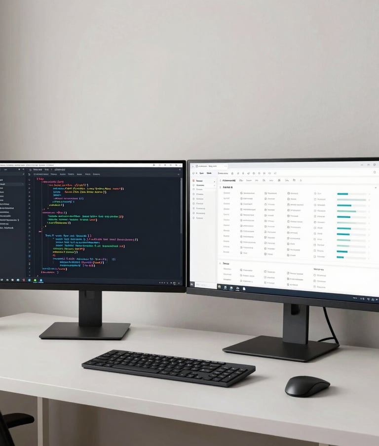 A professional North American home office setup featuring dual ultra-wide monitors displaying clean lines of code and a SaaS-style dashboard. The room is modern and minimalist with soft, off-white walls.