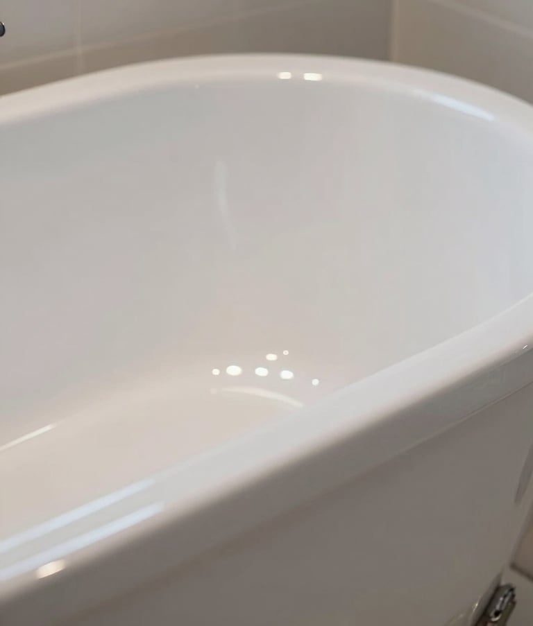 Close-up photography of a perfectly reglazed bathtub with a mirror-like high-gloss white finish. Soft lighting highlights the smooth surface and clean edges in a minimalist New York City bathroom setting.