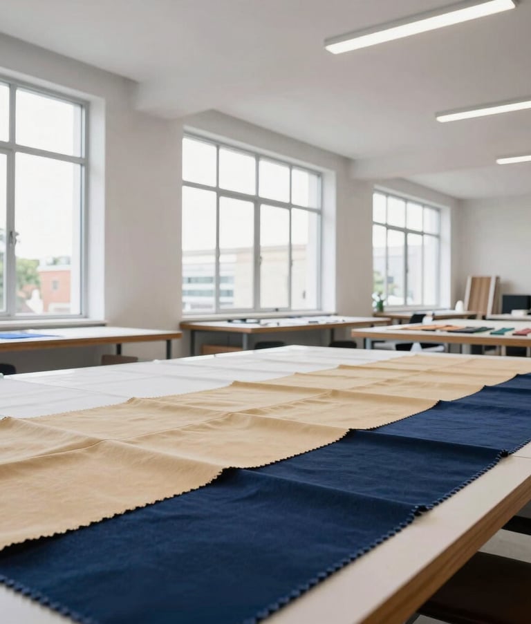 A wide-angle professional photograph of a modern textile design studio in Brazil. Large windows, clean white walls, and a large table covered with fabric swatches in sand and navy blue colors. Professional and minimalist atmosphere.