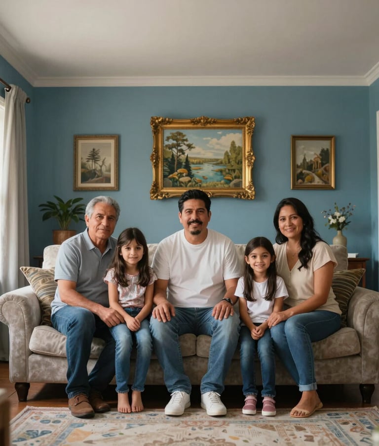 Interior view of a cozy Hispanic family home with comfortable lighting, suggesting a well-regulated indoor temperature and clean air environment, with subtle Steel Blue and Gold decor elements.
