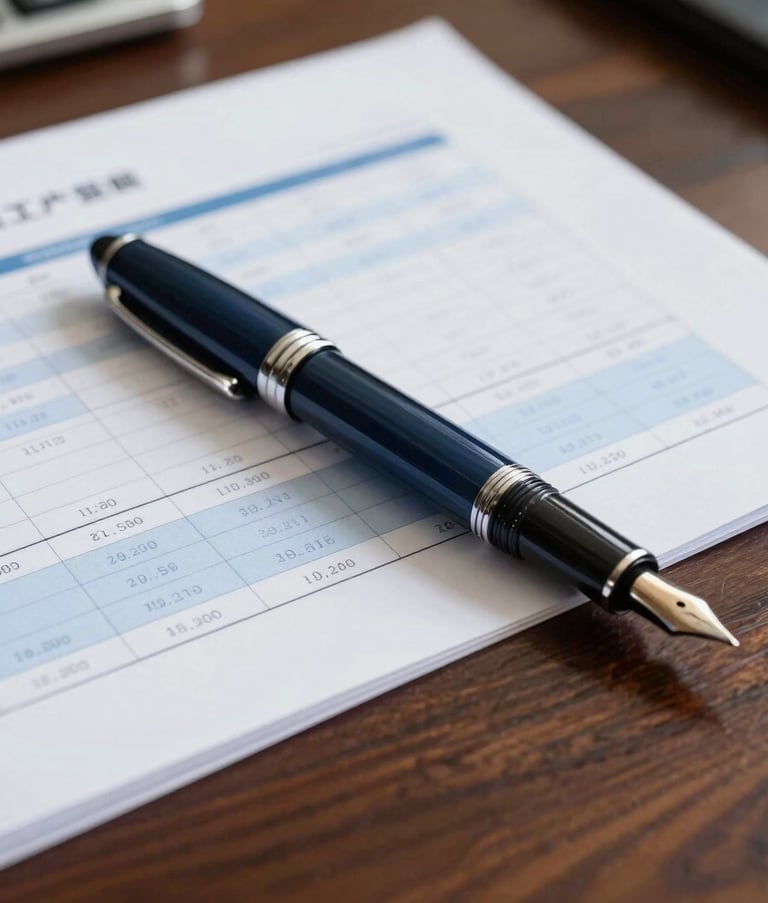 A close-up of a high-quality fountain pen and neatly organized financial engineering documents on a sleek dark wood desk, reflecting professional clarity, Western European / French corporate style, palette of navy and pale blue.