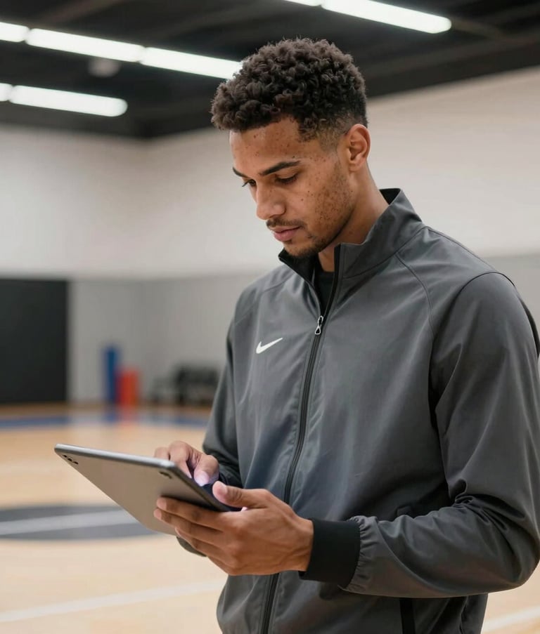 A premium lifestyle shot of a male sports professional in a clean, charcoal performance jacket reviewing data on a tablet in a bright, modern US athletic studio. The background is slightly blurred, showing a high-end basketball court, emphasizing a professional and analytical approach to sports management.