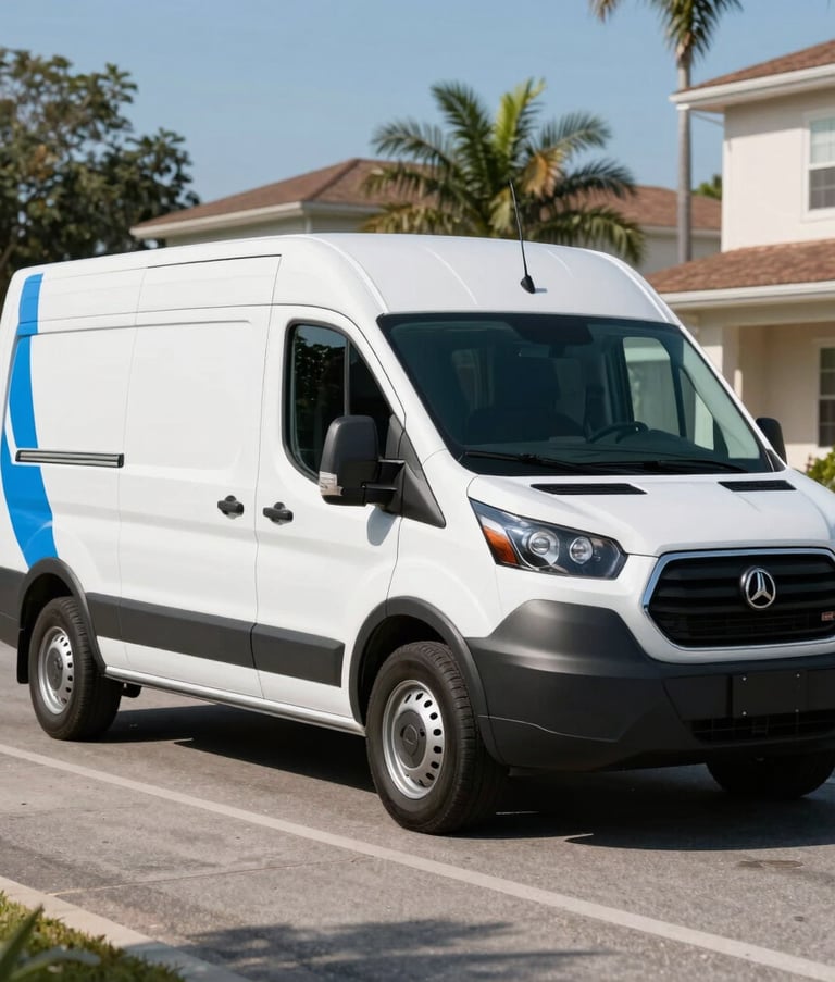 A clean, modern white plumbing service van with mid blue accents parked on a sunny Orlando street, North American / US suburban architecture in the background, sharp focus, professional high-quality photography.