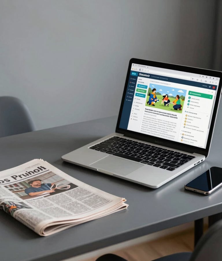A clean, modern desk setup in a South Asian home office. A laptop displays an educational dashboard. Next to it is a printed newspaper and a smartphone. The atmosphere is professional and organized, using soft grey and deep blue tones.