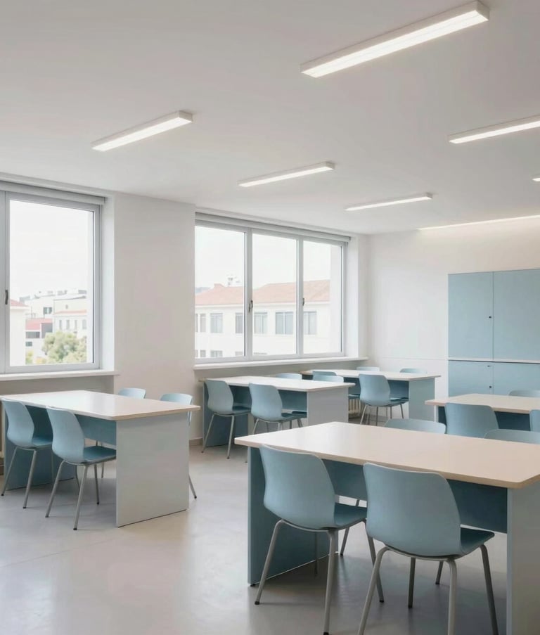 A bright and airy modern classroom in Lisbon, Portugal. The architecture is contemporary with large windows letting in natural light. The space feels clean and professional, featuring furniture in light blue and off-white tones, ideal for a learning environment.
