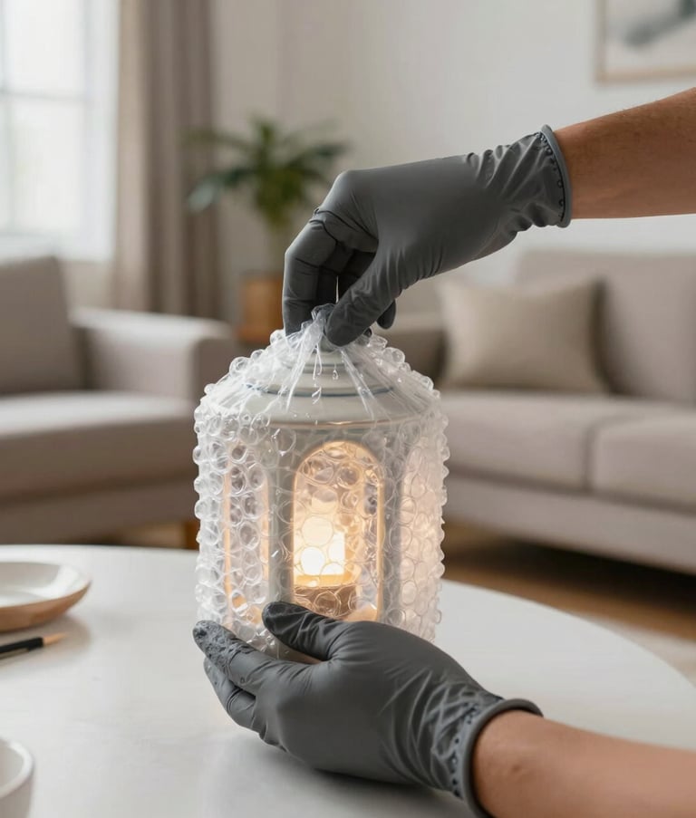 A close-up photograph of professional hands in slate gray gloves carefully wrapping a delicate ceramic lamp in bubble wrap. The setting is a bright Brazilian residential living room. The composition focuses on the precision and care of the task, with natural light pouring in from a window.