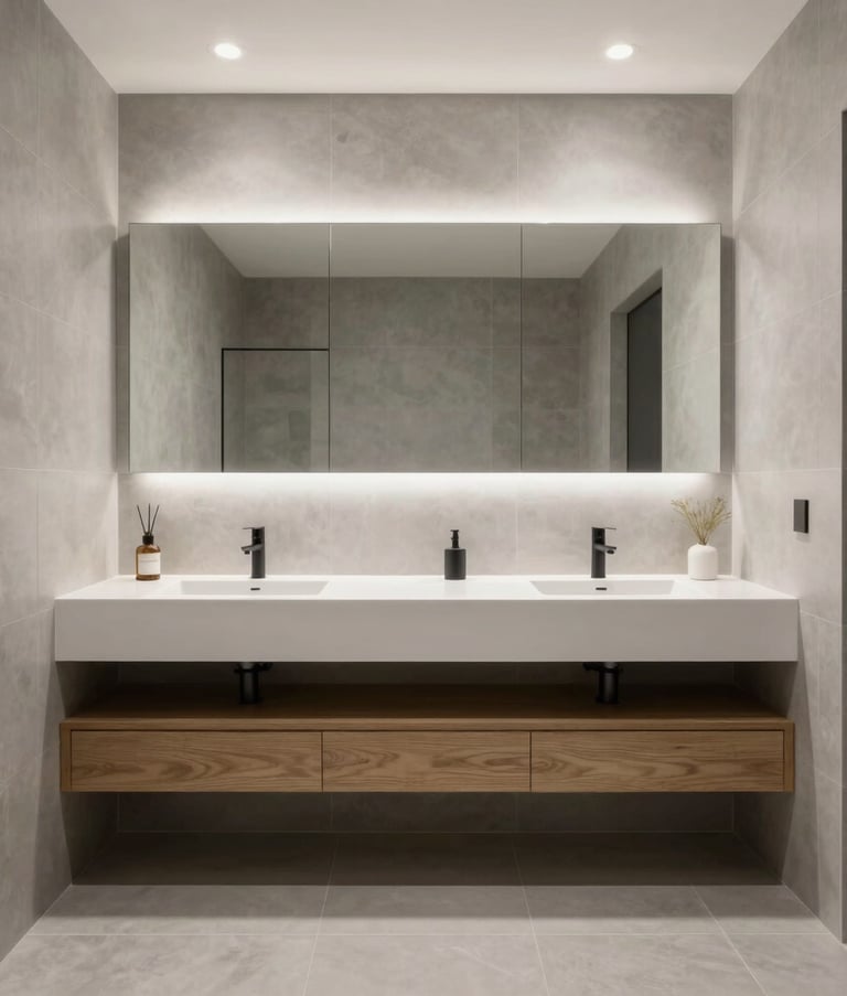 A professional wide-angle interior photograph of a modern minimalist bathroom in a North American / US residence. Features a floating white oak vanity, large-format soft gray tiles, and architectural lighting that emphasizes clean lines and space.