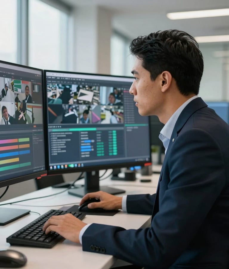 A South American IT specialist in business attire monitoring security software on multiple large screens in a bright, modern office in Quito, professional and focused atmosphere.