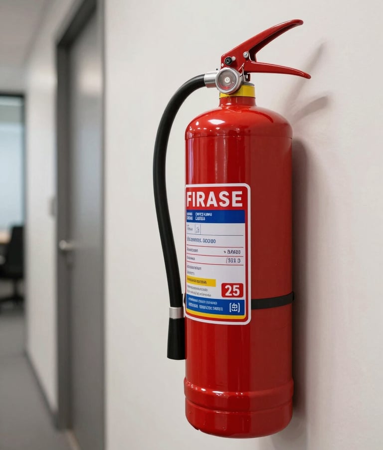 Close-up of a high-quality red fire extinguisher mounted on an off-white wall in a Brazilian office corridor, sharp focus, clean composition, professional setting.