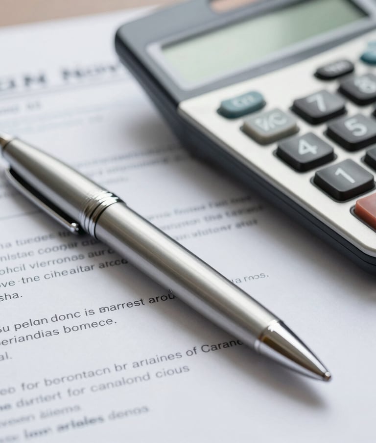 Close-up shot of a silver luxury pen resting on tax documents and a modern calculator, slate gray and silver tones, shallow depth of field, sharp focus, sophisticated office setting in North America.