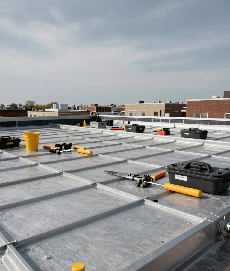 A wide-angle shot of a sturdy commercial roof under repair in North American / NYC. Against a steel gray sky, professional tools and high-quality construction materials are neatly organized on the structured surface, emphasizing industrial strength.