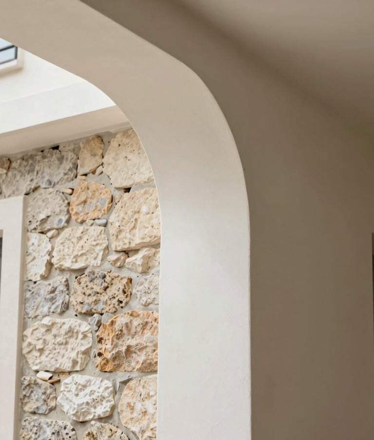 Detail of high-quality renovation work in a French residence, showing a perfect transition between a stone wall and modern plaster, natural soft lighting, aesthetic and clean architectural composition.