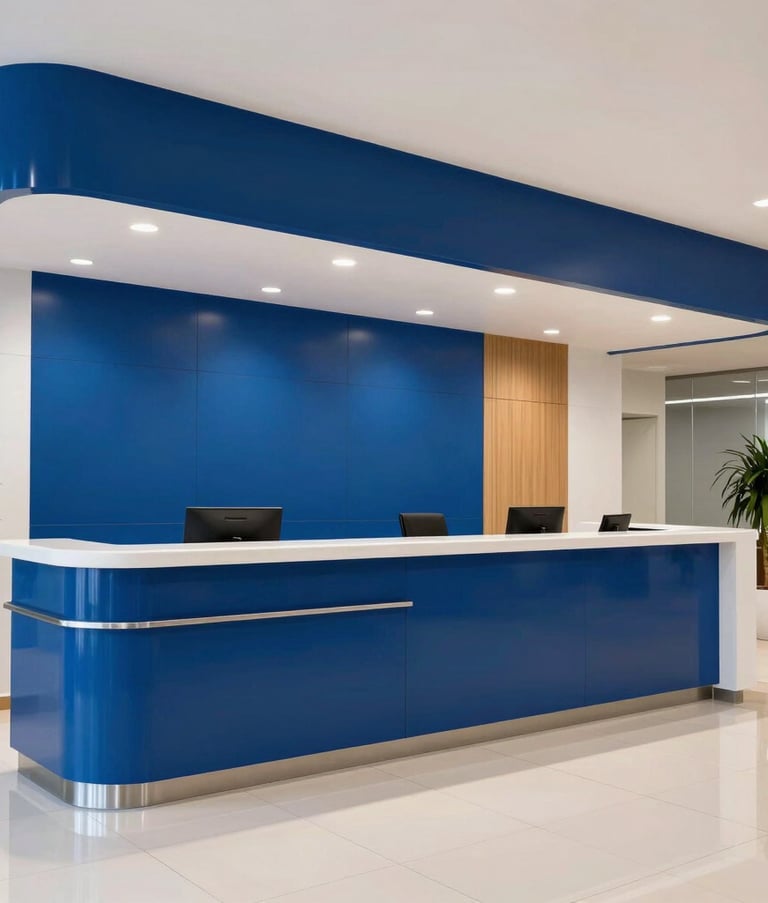 Clean and bright photography of a professional reception area in a Brazilian corporate building, emphasizing order and high-end facility management, royal blue accents in the decor, modern architecture.