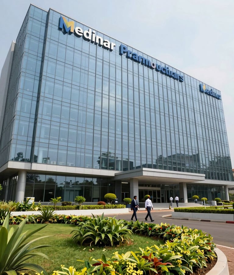 A wide-angle professional photograph of the Medinar Pharmaceuticals corporate headquarters in Bangalore, showing a modern glass building with a clean facade, South Asian / Indian professionals walking near the entrance, and lush green landscaping.