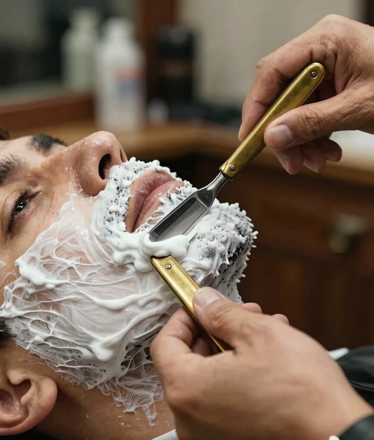 Close-up photography of a professional barber's hands using a classic straight razor on a client in a South American barber shop. The composition features thick white shaving cream and vintage brass tools, emphasizing the purity and elegance of the brand.