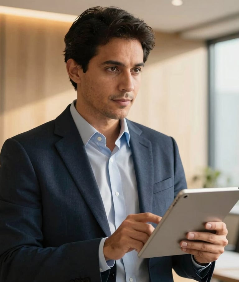 Close-up of a Brazilian financial consultant in a professional light-filled office, holding a digital tablet with confidence, sophisticated expression, warm natural lighting with navy blue and golden yellow highlights.