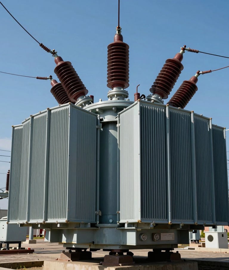 Photography of a large industrial power transformer installed in an outdoor North American substation. Clear blue sky in the background, sharp focus on the cooling fins and insulators, conveying reliability and robust engineering in dark blue and grey tones.