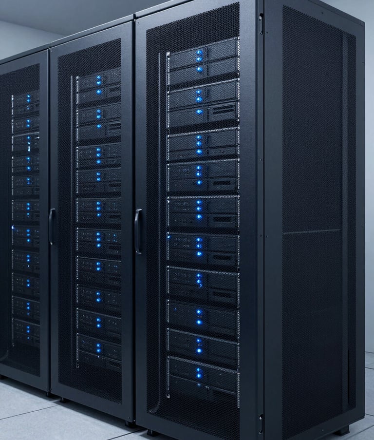 Professional architectural photography of a state-of-the-art server room in Brazil, featuring sleek equipment racks with soft blue glowing indicators. The composition is clean and minimalist, conveying reliability and high-tech innovation with a professional color scheme of deep navy and slate.