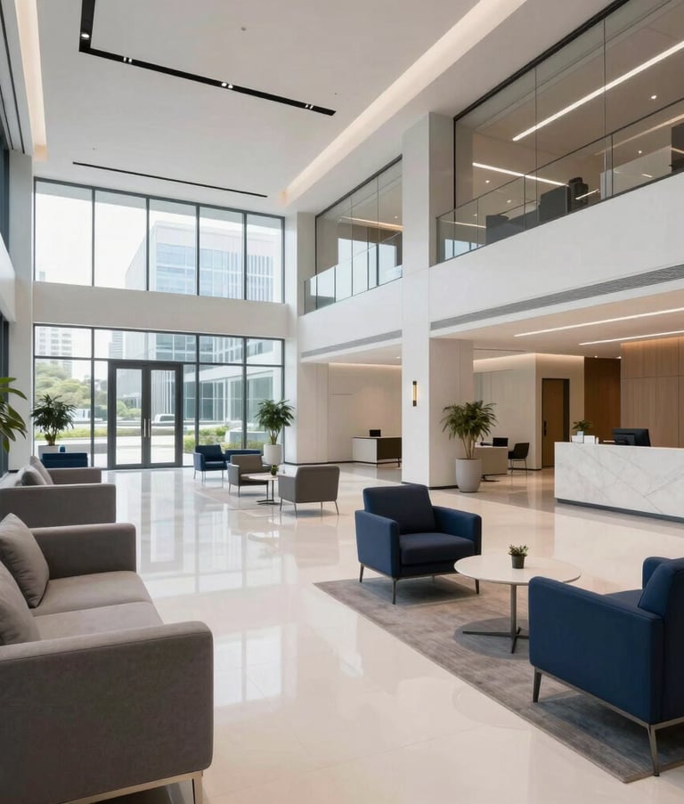 A wide-angle shot of a minimalist, high-end corporate lobby in a modern US office building. Polished floors, contemporary furniture in grey and navy blue, and clean architectural lines create an atmosphere of authority and trust.