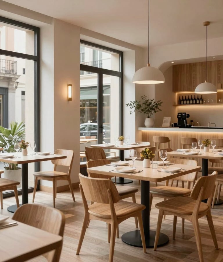 Interior of a high-end Scandi-style restaurant in Spain with light wood furniture, minimalist decor, and large windows. The atmosphere is warm and inviting, with a focus on elegant table settings. Professional architectural photography.