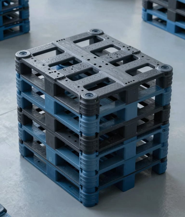 A high-angle photograph of durable, sleek black and muted blue plastic pallets stacked in a light blue-grey industrial space. The composition emphasizes efficiency and modern logistics in a US-based warehouse facility.