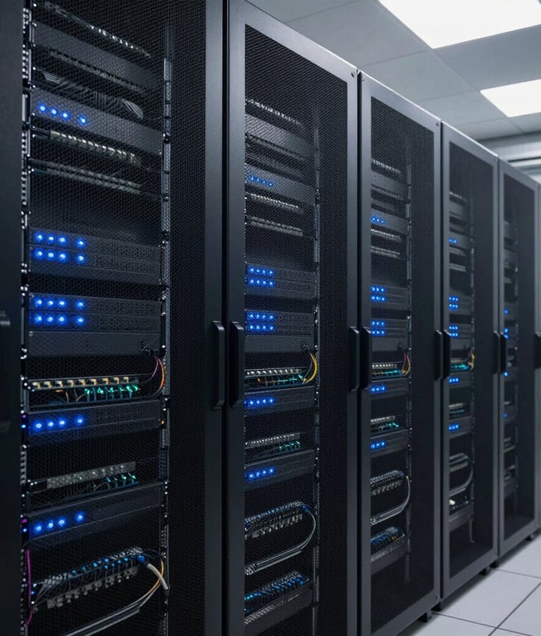 Clean and modern data center interior in Brazil, featuring rows of server racks with subtle blue glowing indicators, organized cabling, and a professional, tech-focused atmosphere.