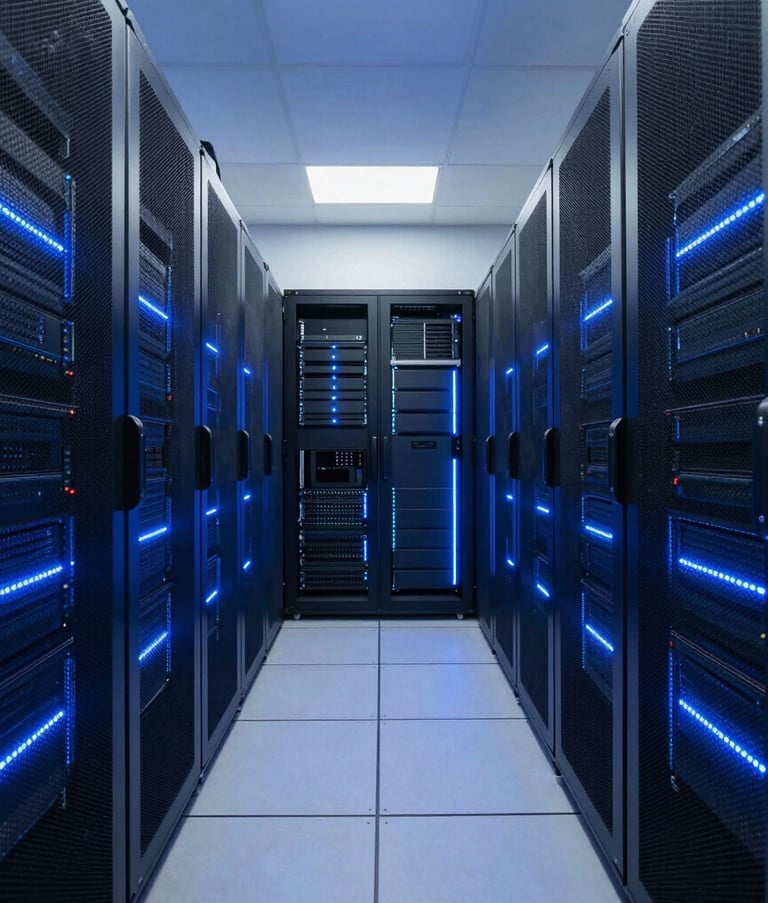 Ultra-modern data center corridor with sleek server racks. Soft sky blue and royal blue LED light strips illuminating the dark navy equipment. High-standard technological environment, professional photography, symmetrical composition.