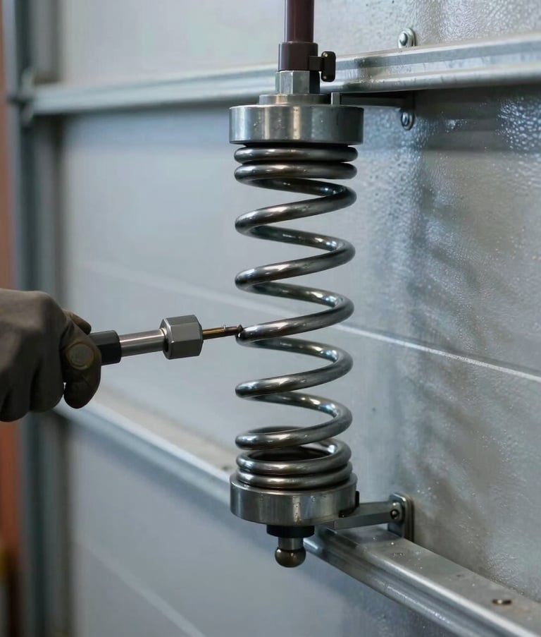 Close-up of a heavy-duty steel garage door torsion spring being adjusted by a professional tool, North American workshop setting, industrial lighting, clean slate gray and muted blue tones.