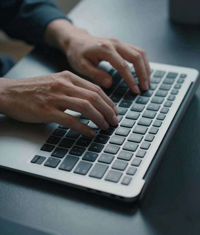 Close-up of a person's hands typing on a high-end minimalist keyboard in a North American / US tech office, soft Muted Blue-Grey light reflecting off a Dark Navy metallic surface.