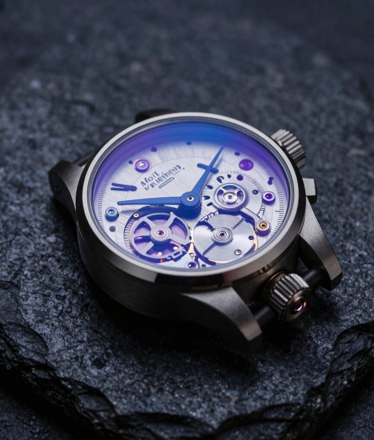 A close-up photograph of a luxury high-end mechanical instrument on a dark, textured stone surface. The lighting is low and controlled, featuring subtle steel blue and soft violet highlights, reflecting a mood of precision and North American luxury.