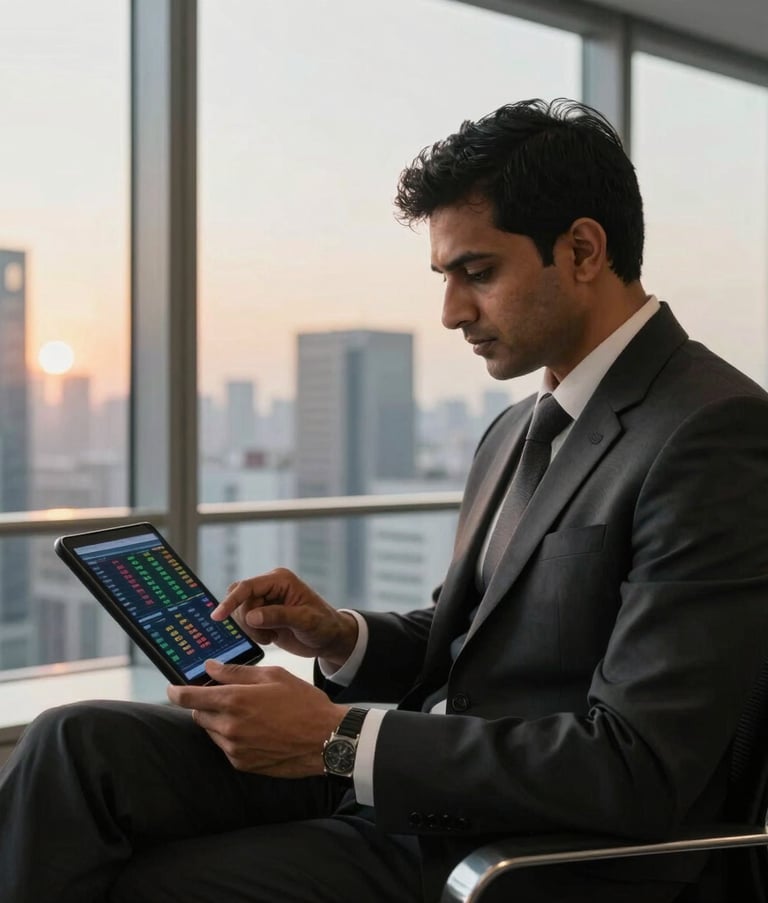 A focused South Asian professional trader in a dark, tailored suit sitting in a high-rise office. He is looking at a tablet showing real-time market data, with the cityscape visible through large windows during the golden hour.