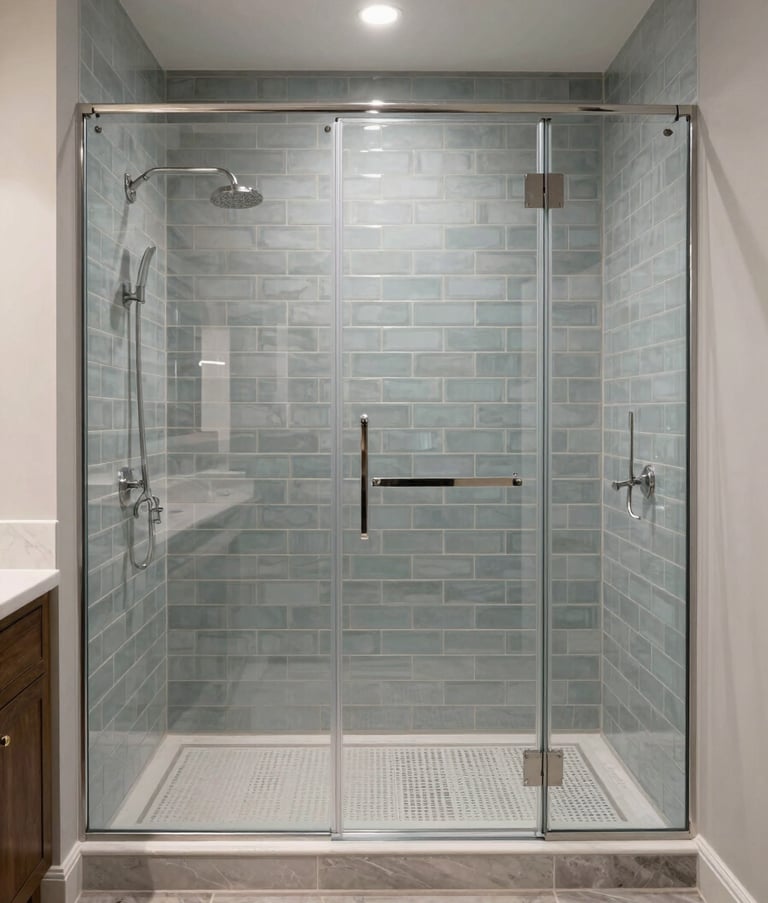 Professional architectural photography of a luxurious walk-in shower featuring light blue grey subway tiles and a stone floor, sophisticated North American bathroom design, soft elegant lighting, wide angle view.