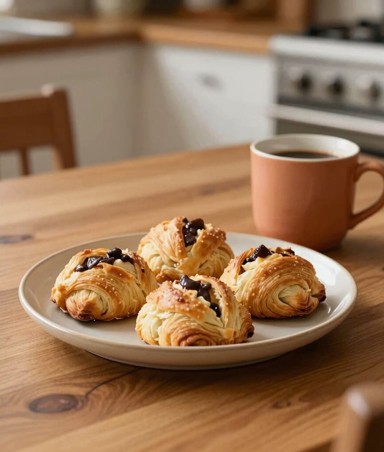 A cozy North American kitchen table set for breakfast. On a warm wooden table sits a hand-thrown warm cream ceramic plate with fresh pastries, alongside a soft terracotta glazed coffee mug. Soft, warm natural morning light, peaceful and slow living mood.