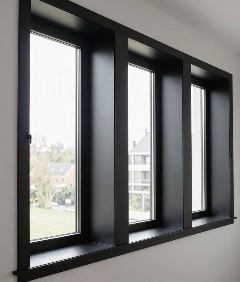 Modern Dutch home interior with architectural black window frames. The lighting is natural and highlights the smooth, matte finish of the wrapped kozijnen against white walls.