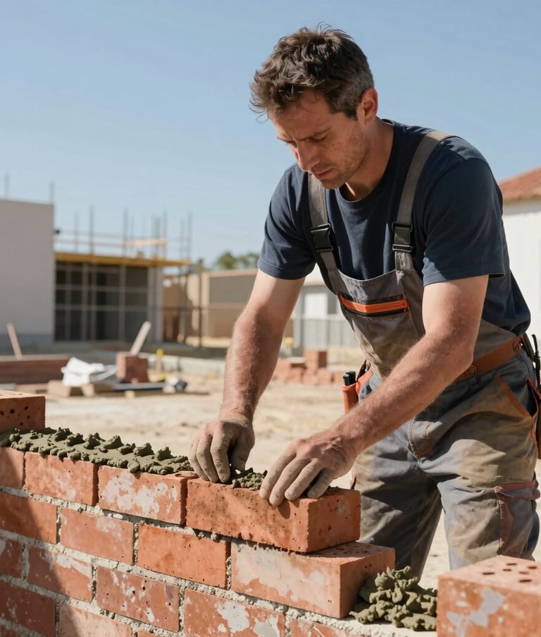 A professional mason in European work attire carefully laying bricks on a new residential project in Portugal. The scene is bright and professional, emphasizing precision and the use of high-quality mortar. The background shows a clean construction site under a clear blue sky.