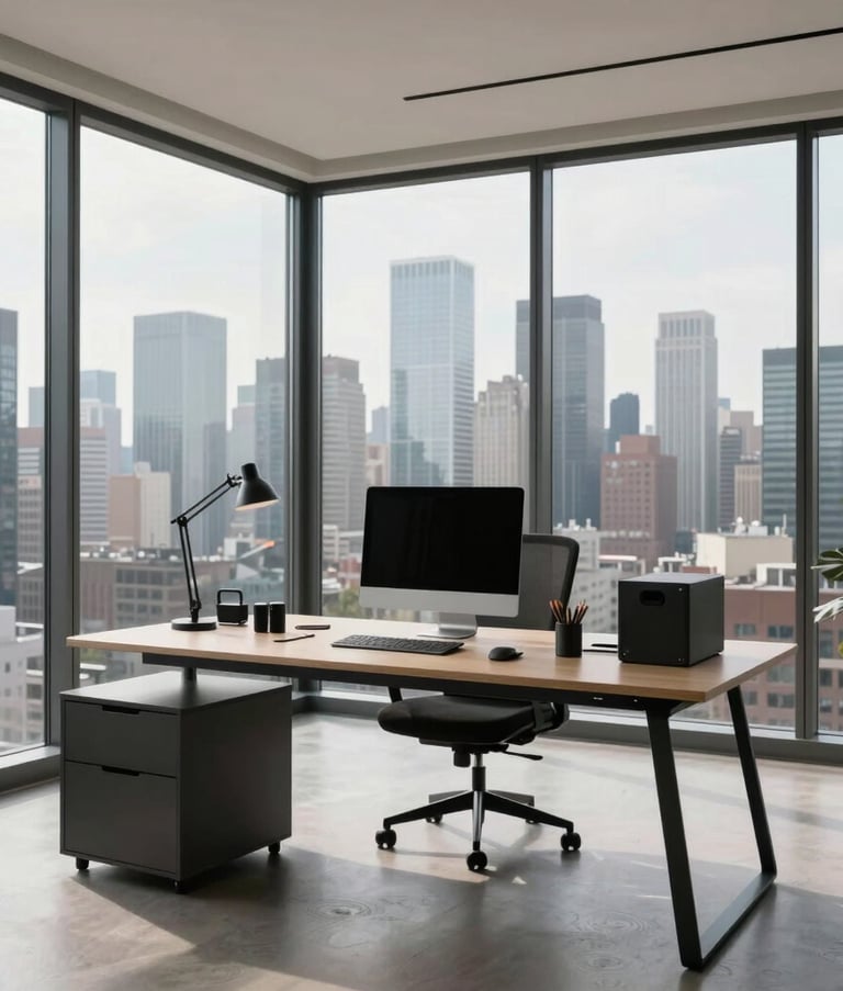 A wide-angle photography shot of a modern, highly organized home office in a high-rise North American apartment. The scene features a minimalist desk, a large floor-to-ceiling window overlooking a city skyline, and premium tech equipment, conveying streamlined efficiency.