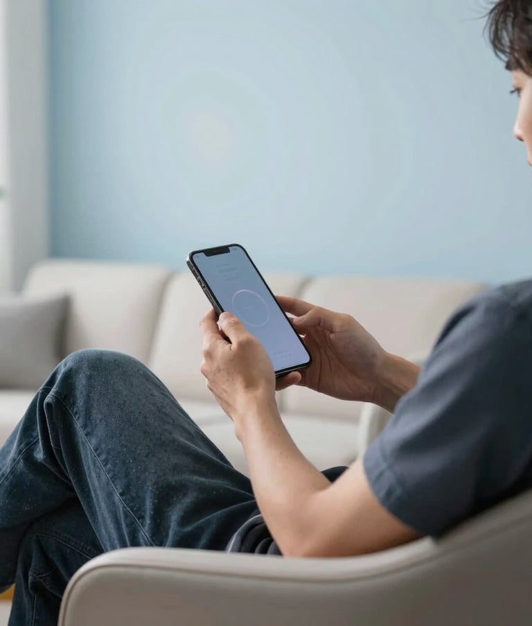 A lifestyle photograph taken in a modern North American living room during the afternoon. A person is comfortably seated in a sleek chair, holding a mobile device. The background is simple and clean with light blue and white tones.