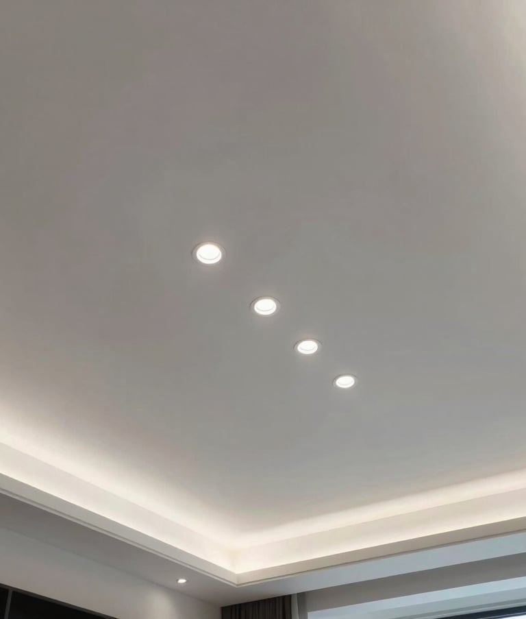 Photography of a minimalist modern living room ceiling in Orlando, Florida, showcasing perfectly aligned recessed lighting. The lighting is crisp and cool-toned, emphasizing the clean architectural lines and organized installation of a professional electrician.