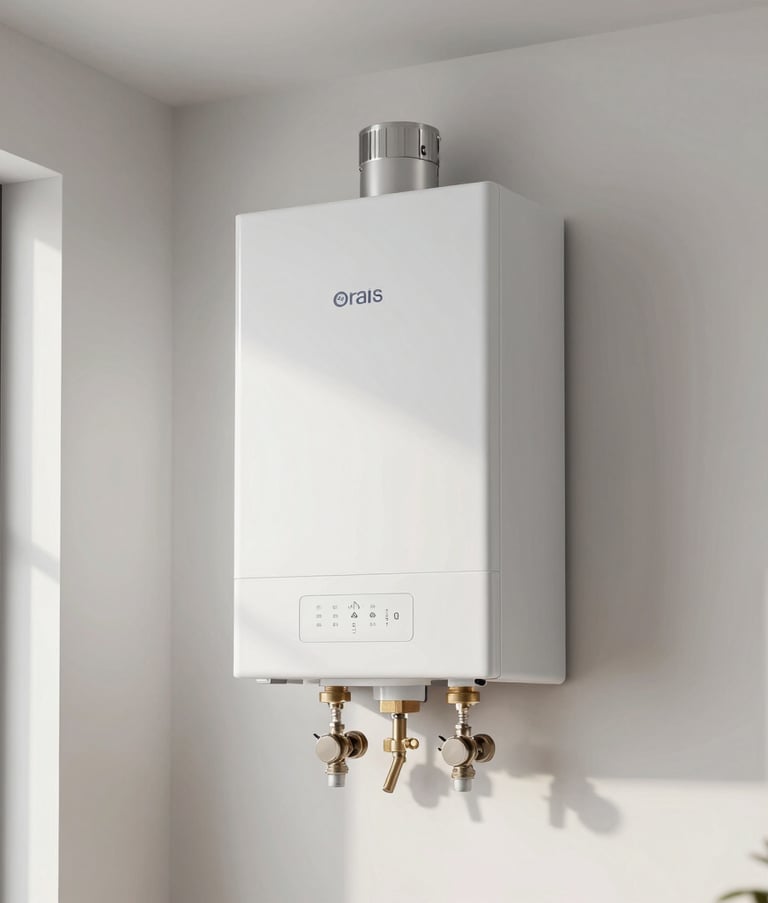 A sleek, wall-mounted modern gas boiler installed on a white wall in a clean utility room. The composition is centered and professional, showcasing modern heating technology in an Est European apartment. Bright, natural lighting.