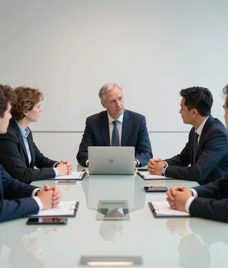 A professional strategic planning session in a United Kingdom boardroom, with clean glass surfaces, reflecting a sophisticated and trustworthy business mood using a palette of dark blue and off-white.